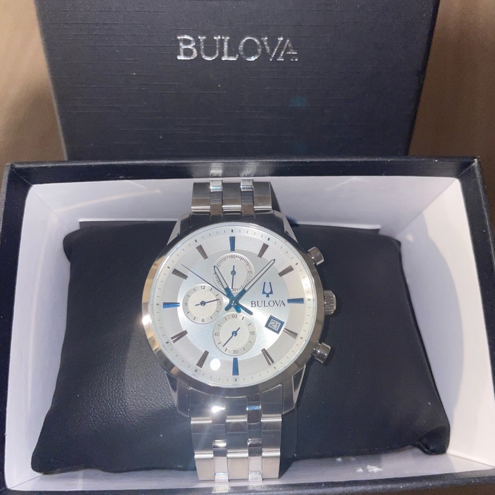 Bulova Silver and Blue Chronograph Watch